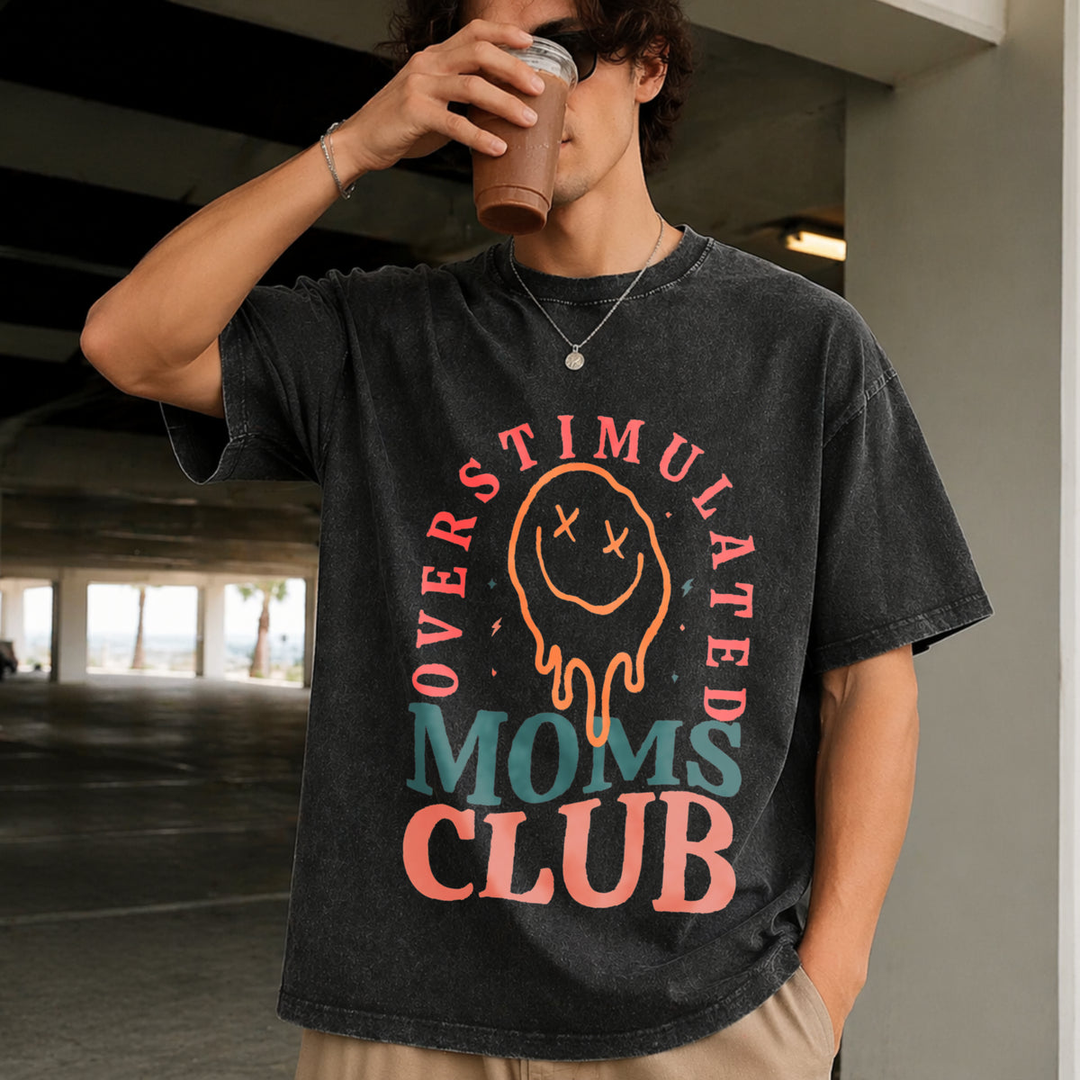 Overstimulated Moms Club Vintage Washed T-Shirt in Black
