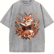 Ladies' Bohemian Short-sleeve Floral with a an Elegant Fox Vintage Washed T-Shirt in Gray
