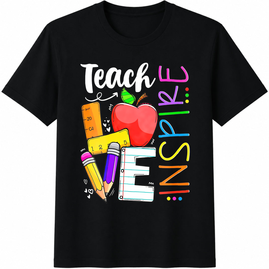 Cute Teach Love and Inspire Teacher Cotton T-Shirt in Black