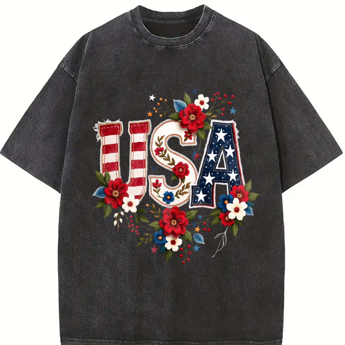 Effortless Chic Coastal Granddaughter Statement USA Flag Vintage Washed T-Shirt in Black