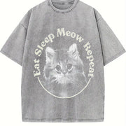 Eat Sleep Meow Repeat Cute Kitten Lovers for Ladies Cute Vintage Washed T-Shirt in Gray