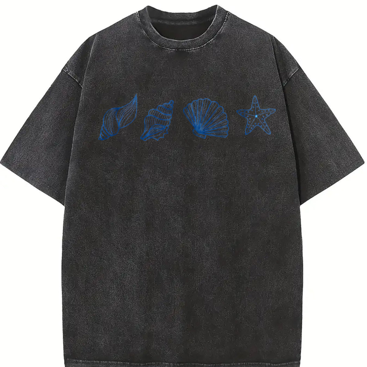 Seashells Embroidered Vintage Washed T-Shirt in Black