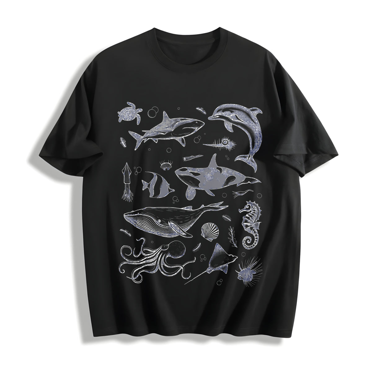 Sea Creatures 90s Tattoo Sea Animal Cotton T-Shirt in Black