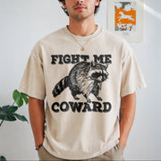 Fight Me Coward Meme Raccoon Vintage Washed T-Shirt in Beige