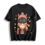 Black Cat with Hot Drink and Autumn Leaves Cotton T-Shirt in Black