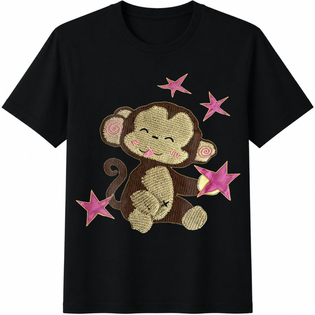 Plush Monkey and Stars Cotton T-Shirt in Black