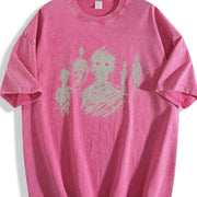 Black with Abstract Character Vintage Washed T-Shirt in Red