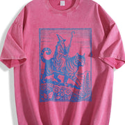 Wizard Cat Rider Retro Fantasy Vintage Washed T-Shirt in Red