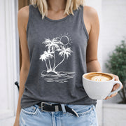 Palm Trees Sun Island Water Crew-neck Sleeveless Vest Women's Color Cotton Tank Top in Gray