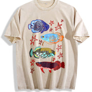 Fish Leaping Over the Dragon Gate Vintage Washed T-Shirt in Beige