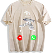Fish Calling Phone Meme Vintage Washed T-Shirt in Beige