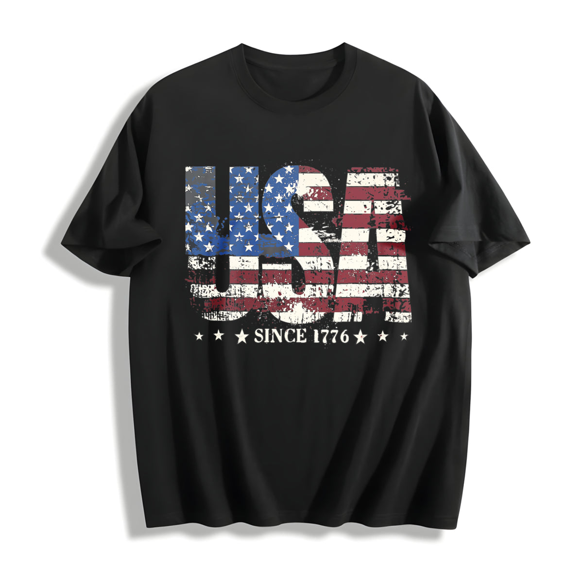 Distressed USA Flag Cotton T-Shirt in Black