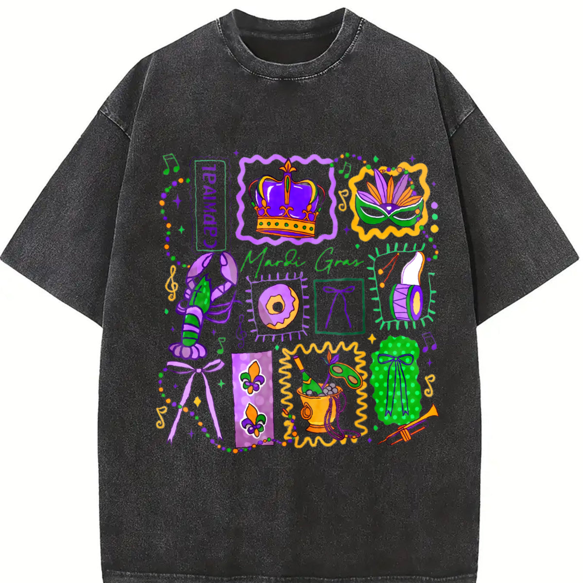 Mardi Gras Doodle Icons Vintage Washed T-Shirt in Black