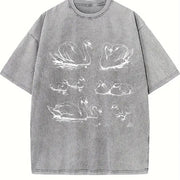 Swan 90s Tattoo Retro ® Y2k Antique Bird Sketch Vintage Washed T-Shirt in Gray