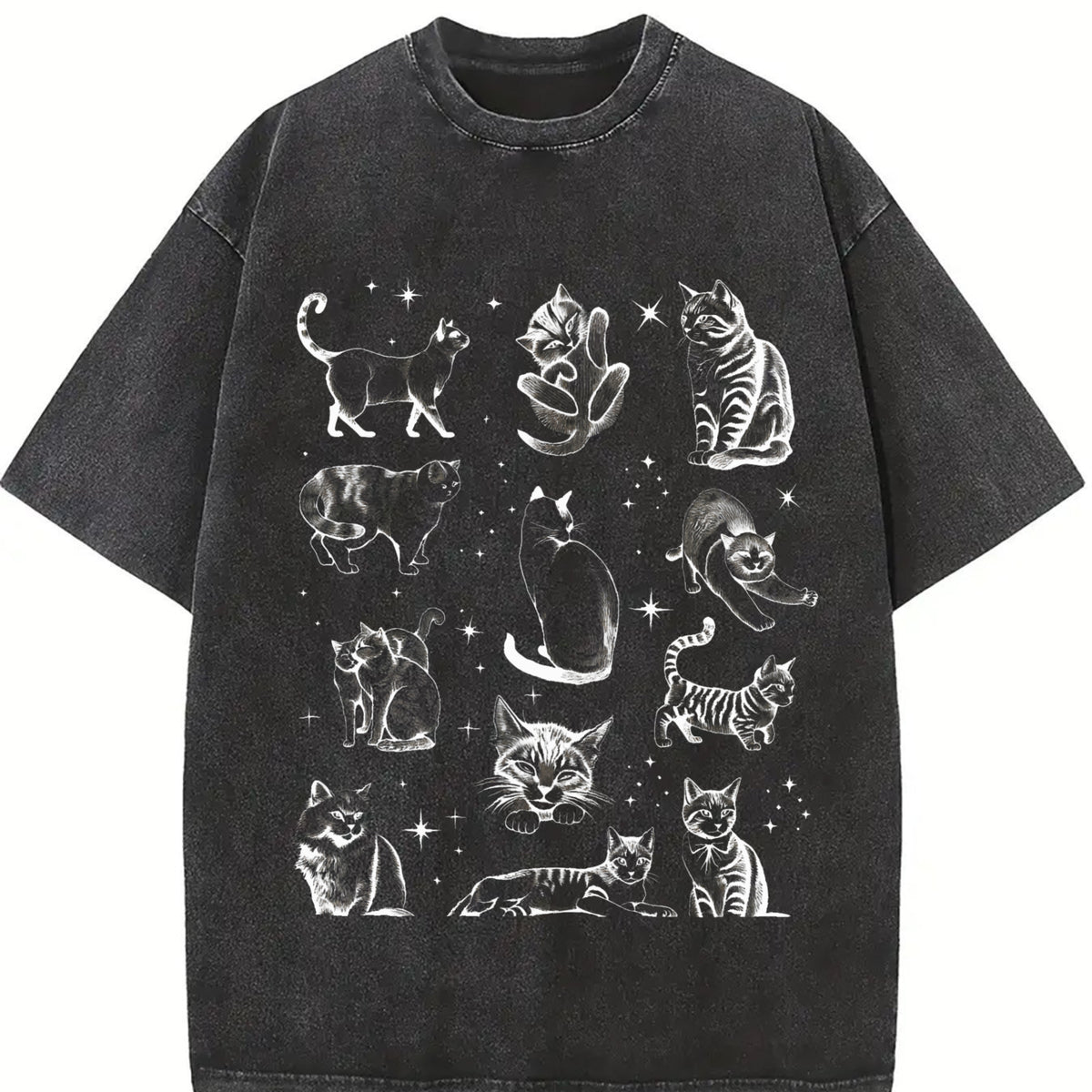 90s Tattoo Cat Retro Kitten Nature Vintage Washed T-Shirt in Black