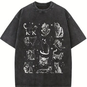 90s Tattoo Cat Retro Kitten Nature Vintage Washed T-Shirt in Black