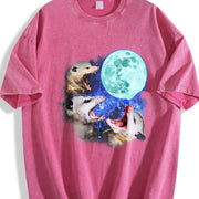 Three Possums Howling at Moon Vinatge Vintage Washed T-Shirt in Red
