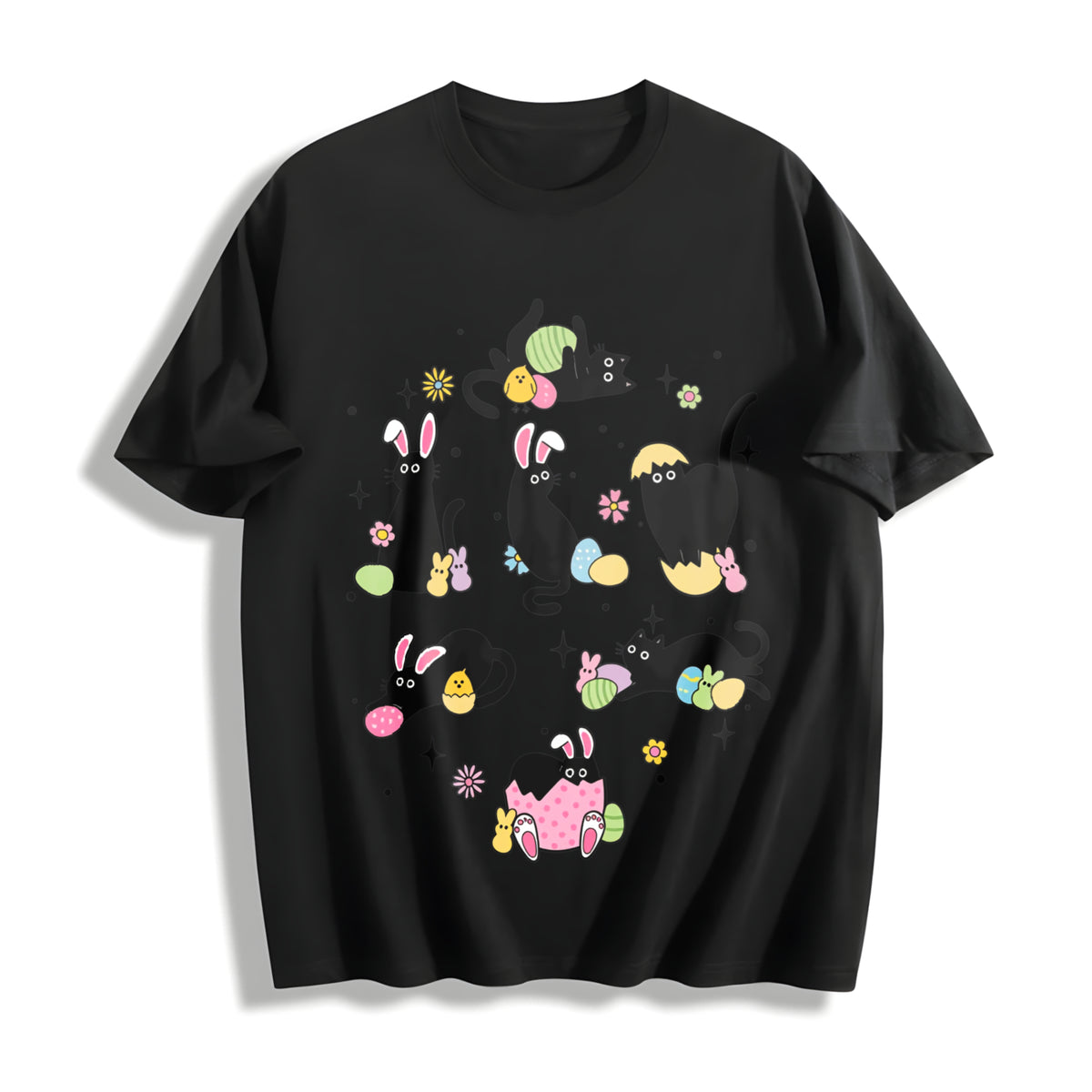 Easter: Black Cat with Bunny Ears in Various Poses Cotton T-Shirt in Black