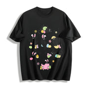 Easter: Black Cat with Bunny Ears in Various Poses Cotton T-Shirt in Black