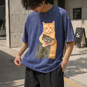 Cat Quarrel Moment Vintage Washed T-Shirt in Blue