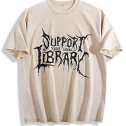 Grunge - style Support Your Local Library Text vintage washed oversized T-shirt in Beige