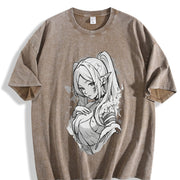 Frieren × Fern Frieren: Beyond Journey's End Anime Manga vintage washed oversized T-shirt in Brown