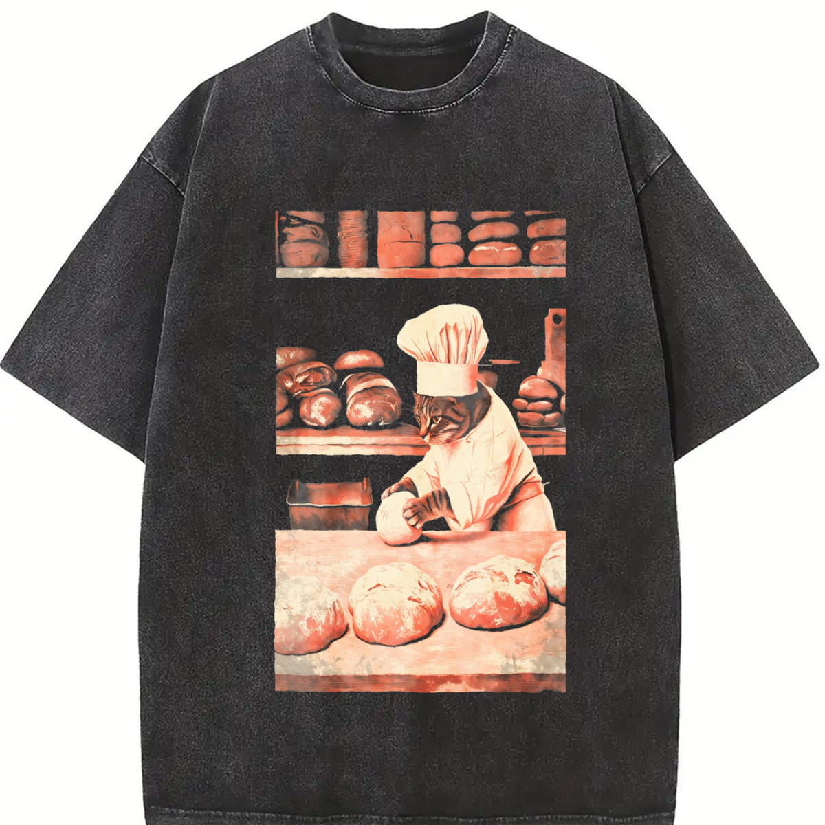 Biscuit Cat Baking Vintage Washed T-Shirt in Black