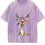 Christmas Reindeer Cute Christmas Vintage Washed T-Shirt in Purple