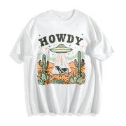 Howdy Ufo Western Cow Retro Cowboy 90s Desert Cactus Y2k Cotton T-Shirt in White