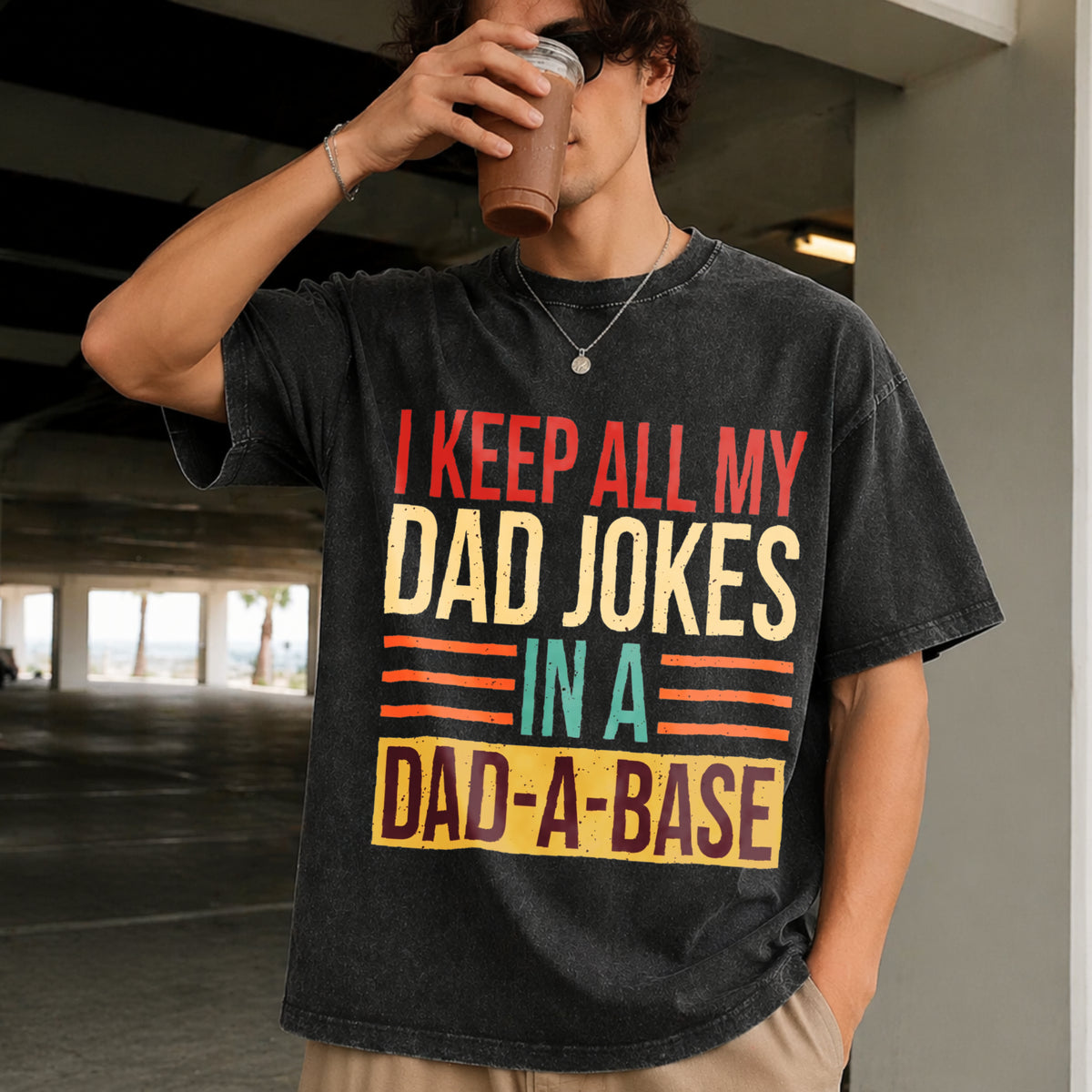 I Keep All My Dad Jokes in a Dad-a-base Vintage Washed T-Shirt in Black