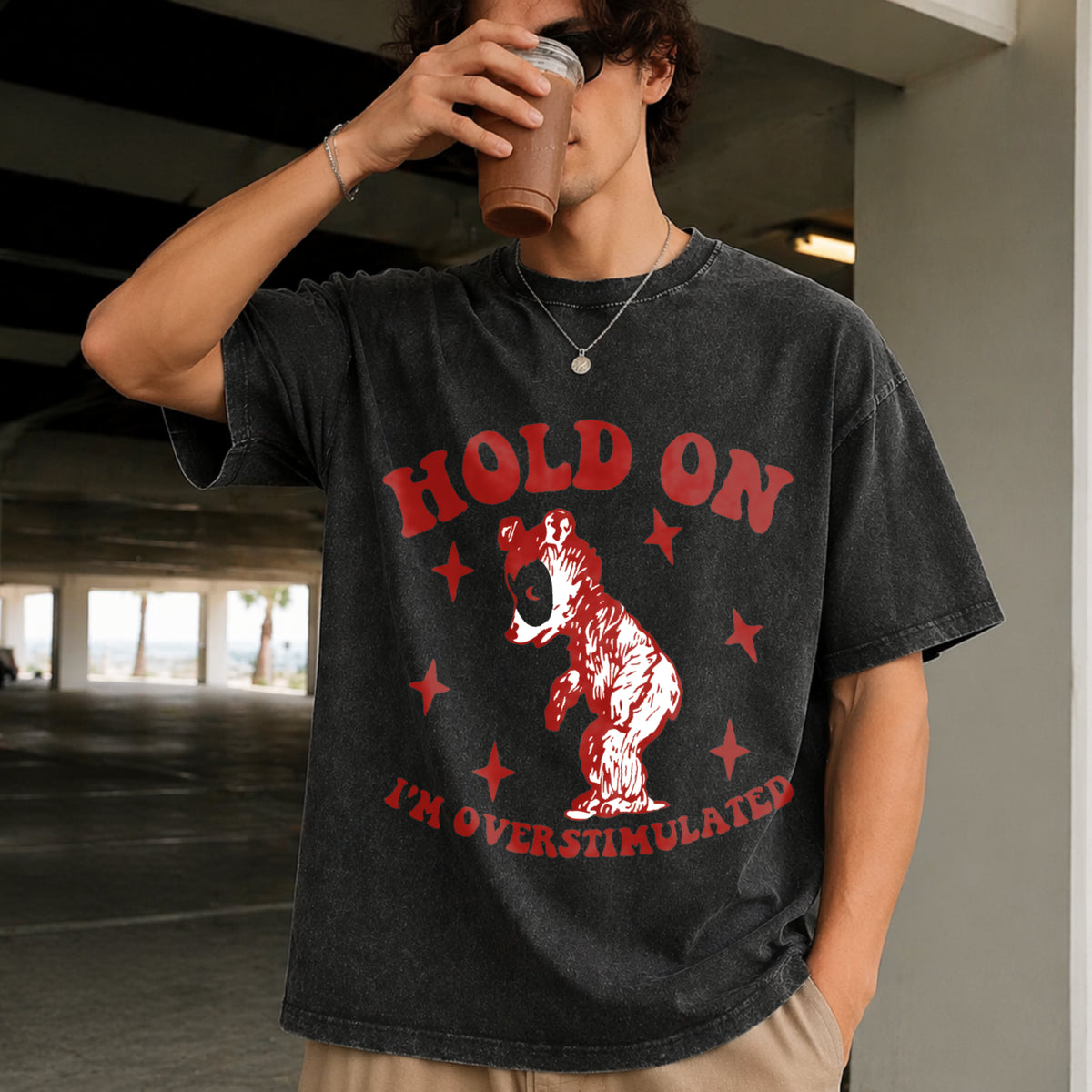 Hold on I'm Overstimulated Vintage Washed T-Shirt in Black