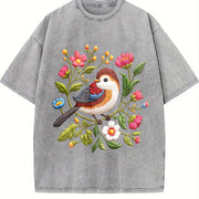 Embroidered- Bird & Floral Vintage Washed T-Shirt in Gray