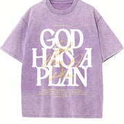 Retro 230 'God HAS a Plan' Letter ComfortableFashionable Vintage Washed T-Shirt in Purple