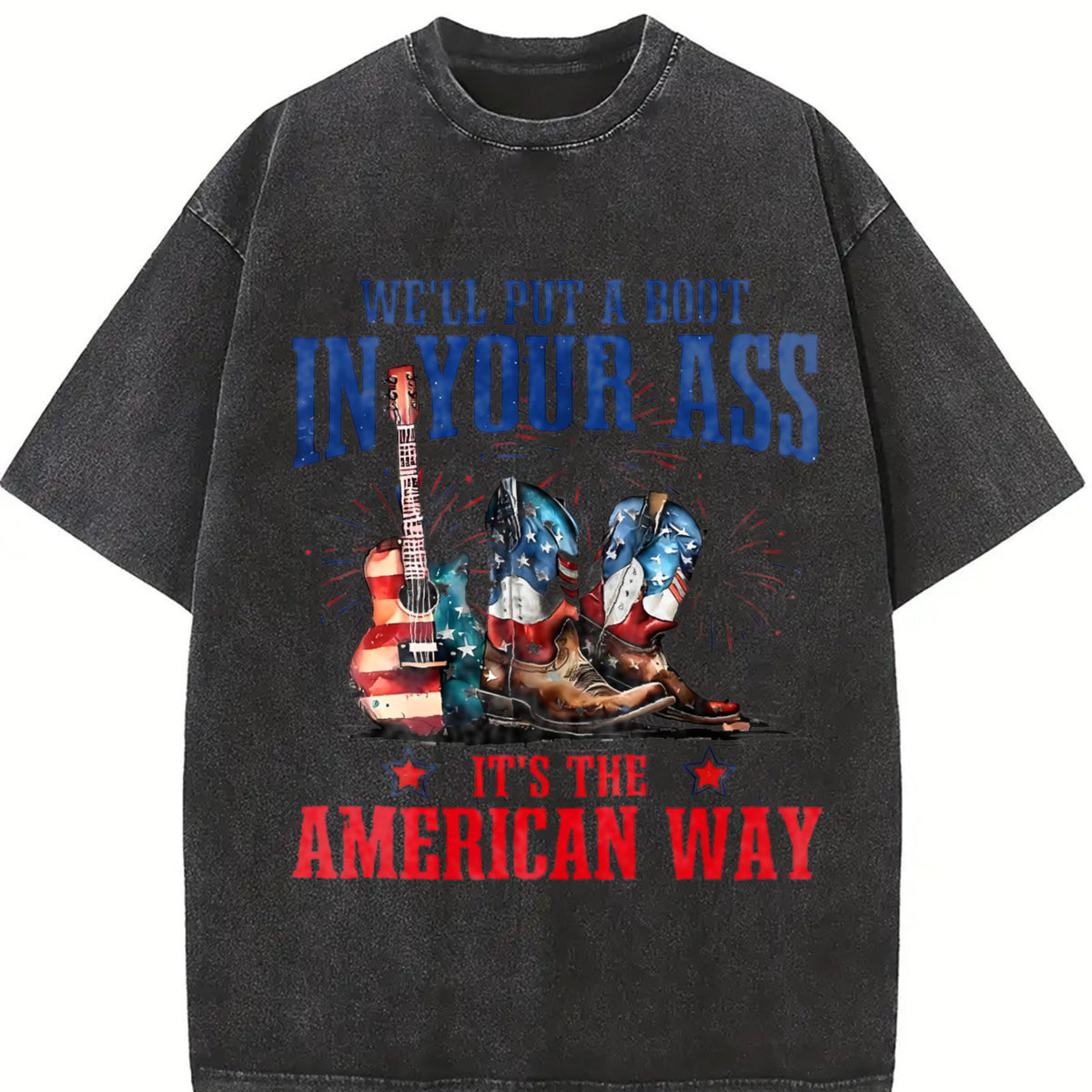 It's the American Way Cowboy Boot Guitar Vintage Washed T-Shirt in Black