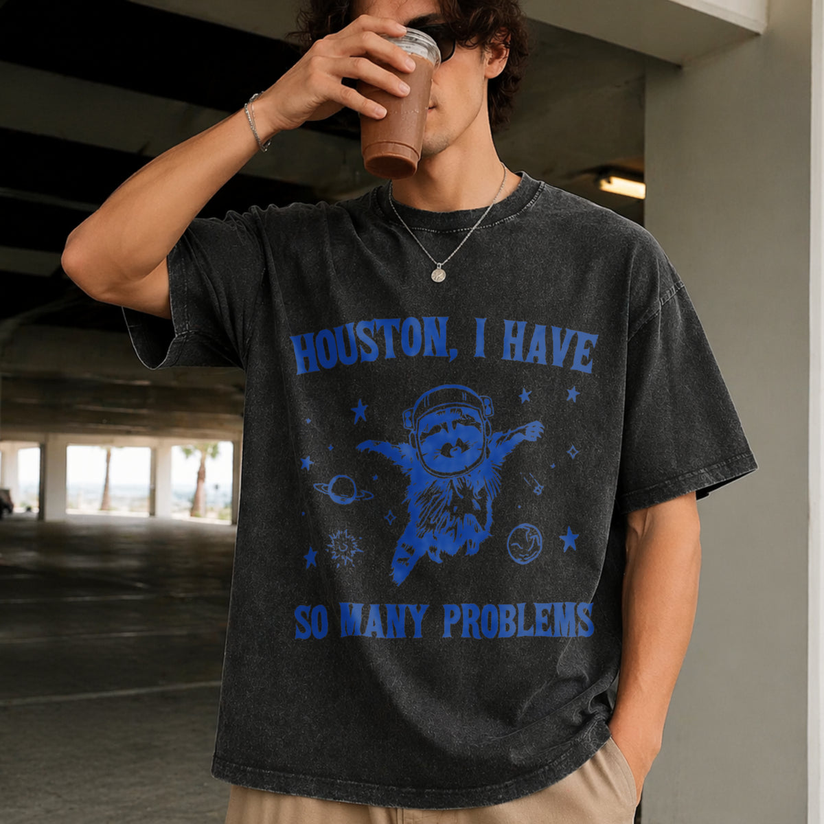 Houston I Have So Many Problems Vintage Washed T-Shirt in Black