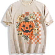 Retro Floral Pumpkin Vintage Washed T-Shirt in Beige