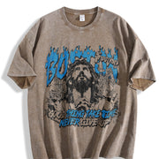Boston Jesus Cross White Grunge Vintage Washed T-Shirt in Brown