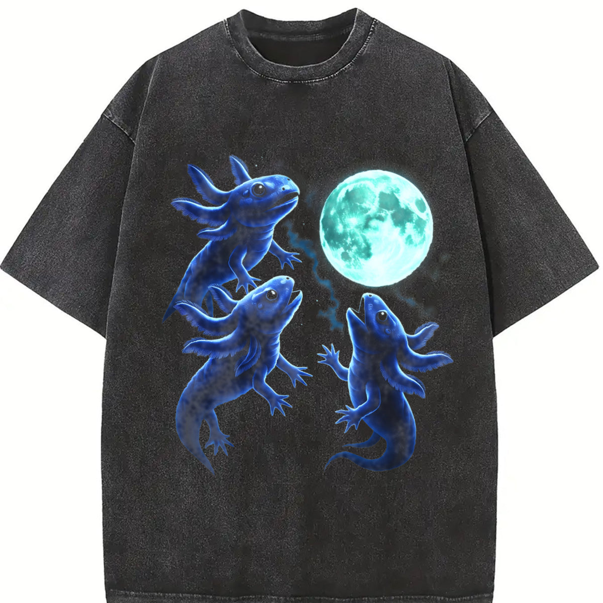 Axolotl Moon 90s Retro Amphibian Silly Vintage Washed T-Shirt in Black