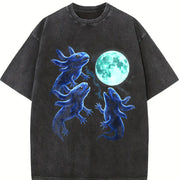 Axolotl Moon 90s Retro Amphibian Silly Vintage Washed T-Shirt in Black
