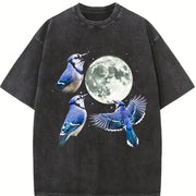 Blue Jay Moon 90s Retro Celestial Bird Watcher Vintage Washed T-Shirt in Black