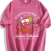 With Octopus Fashionable Vintage Washed T-Shirt in Red