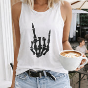 Skeleton Hand Rock Sign Crew-neck Sleeveless Vest Outdoor Women's Color Cotton Tank Top in White