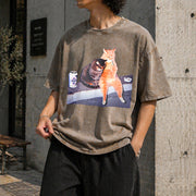 Bowling Cat Vintage Washed T-Shirt in Brown