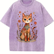Retro Cat Short-sleeve Vintage Washed T-Shirt in Purple