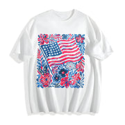 Boho American Flag Floral Cotton T-Shirt in White