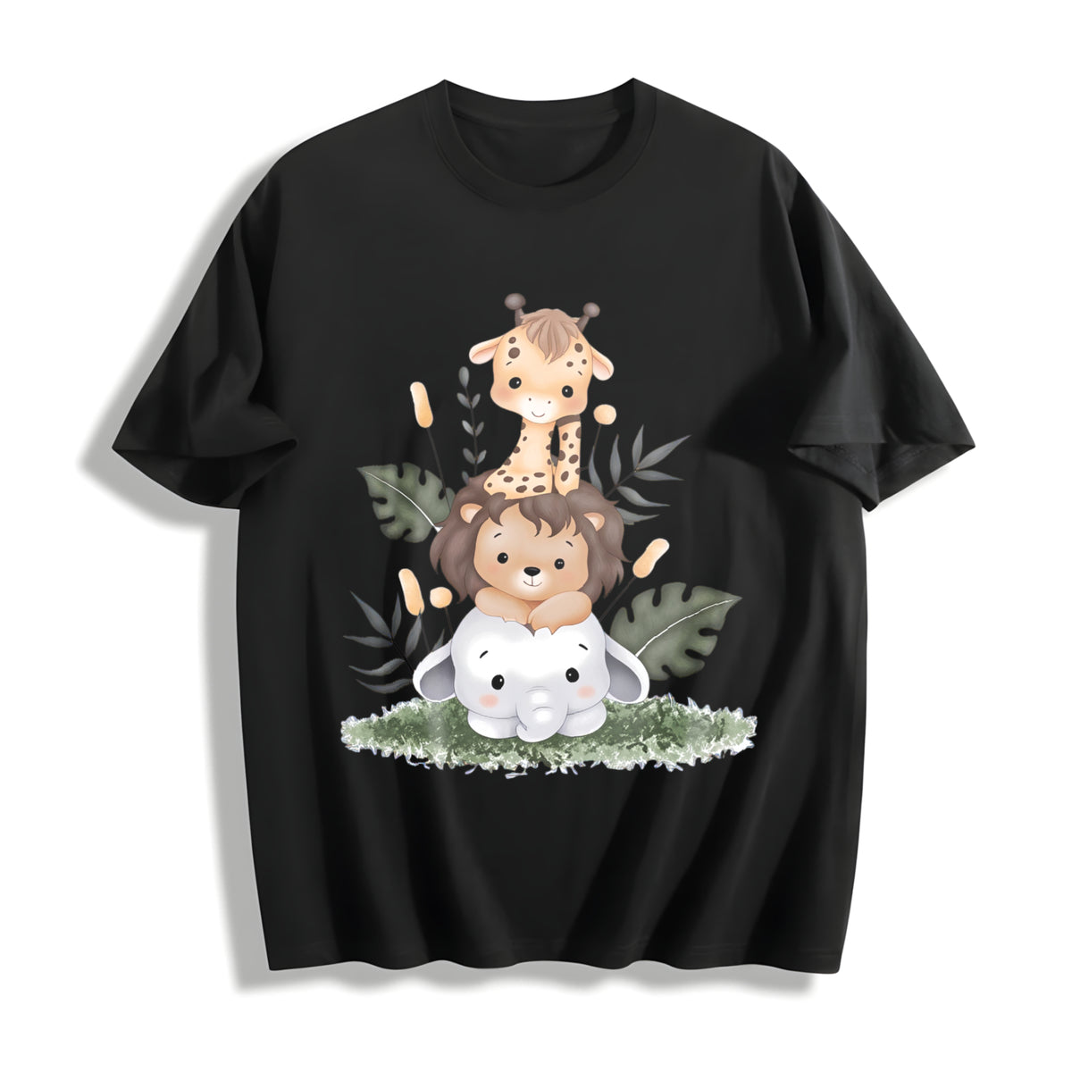 Giraffe Lion Cotton T-Shirt in Black
