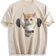 Sam Sulek Cat Gym Meme Vintage Washed T-Shirt in Beige