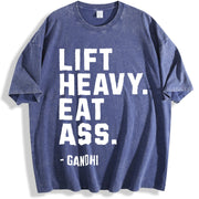 Lift Heavy Eat Ass Meme Gym Back Bodybuilding Motivation vintage washed oversized T-shirt in Blue