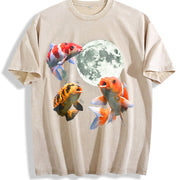 Koi Fish Howling at Moon 90s Vintage Washed T-Shirt in Beige