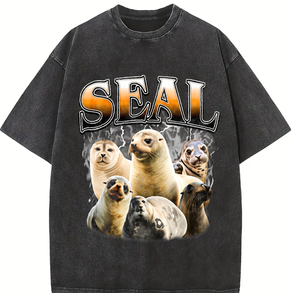 Seal Ocean Animal Bootleg Meme Vintage Washed T-Shirt in Black